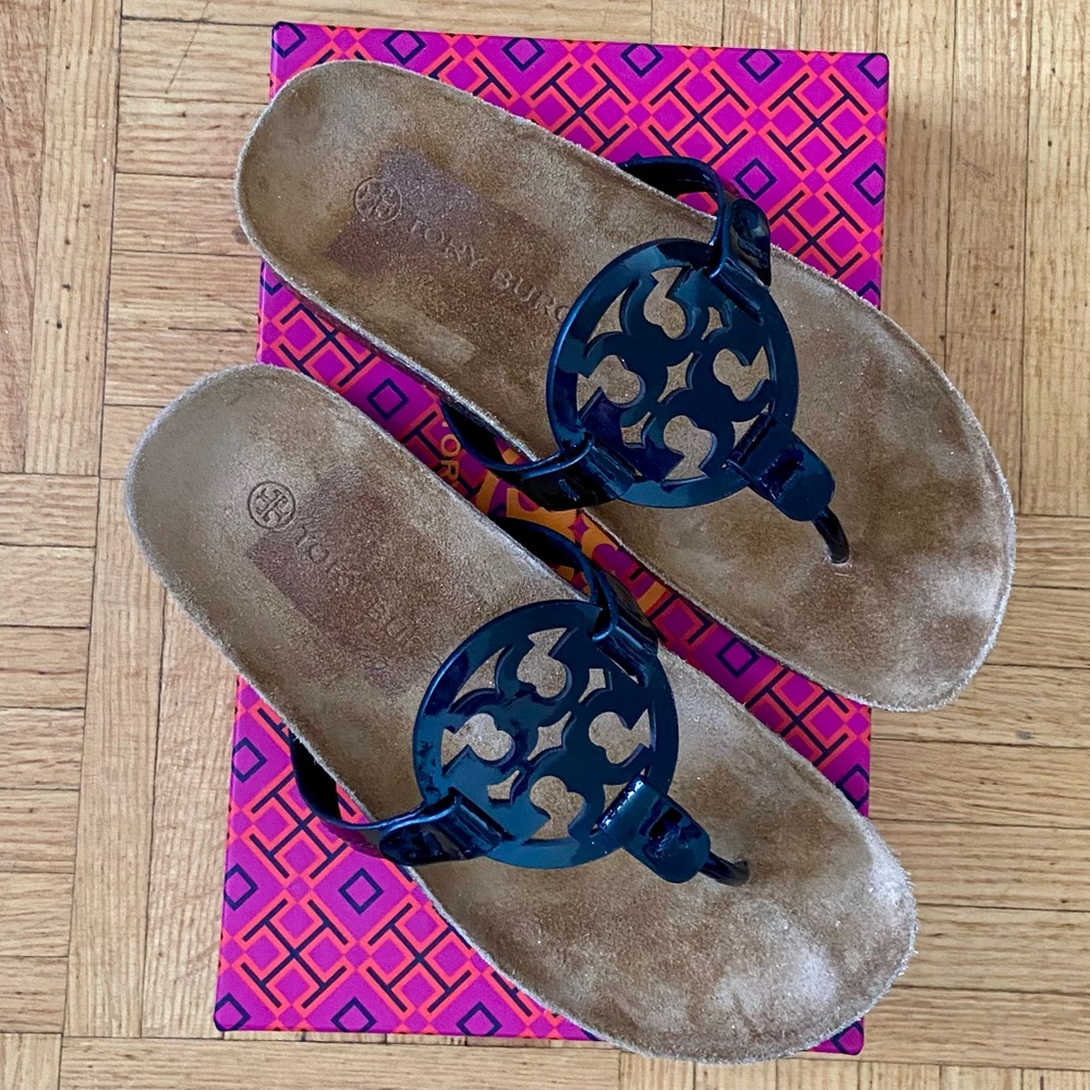 BNWOB TORY BURCH Miller Cloud Patent Leather-Cork Perfect Black Sandals